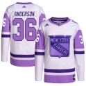 Adidas New York Rangers Youth Glenn Anderson Authentic White/Purple Hockey Fights Cancer Primegreen NHL Jersey