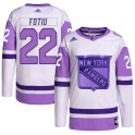 Adidas New York Rangers Youth Nick Fotiu Authentic White/Purple Hockey Fights Cancer Primegreen NHL Jersey