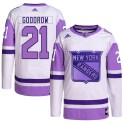Adidas New York Rangers Youth Barclay Goodrow Authentic White/Purple Hockey Fights Cancer Primegreen NHL Jersey