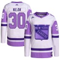 Adidas New York Rangers Youth Chris Nilan Authentic White/Purple Hockey Fights Cancer Primegreen NHL Jersey