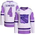 Adidas New York Rangers Youth Braden Schneider Authentic White/Purple Hockey Fights Cancer Primegreen NHL Jersey