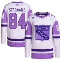 Adidas New York Rangers Youth Malte Stromwall Authentic White/Purple Hockey Fights Cancer Primegreen NHL Jersey