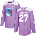 Adidas New York Rangers Men's Nils Lundkvist Authentic Purple Fights Cancer Practice NHL Jersey