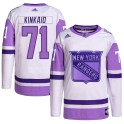 Adidas New York Rangers Men's Keith Kinkaid Authentic White/Purple Hockey Fights Cancer Primegreen NHL Jersey