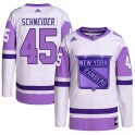Adidas New York Rangers Men's Braden Schneider Authentic White/Purple Hockey Fights Cancer Primegreen NHL Jersey
