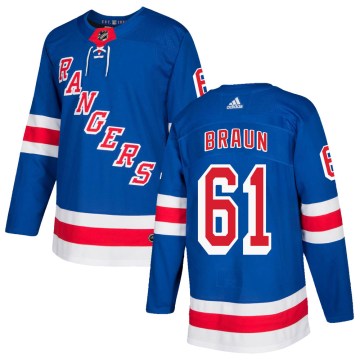 Adidas New York Rangers Youth Justin Braun Authentic Royal Blue Home NHL Jersey