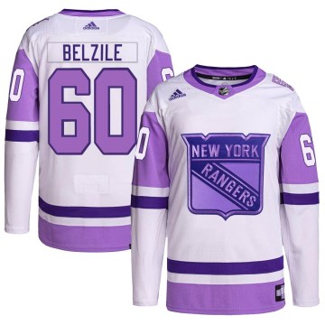 Adidas New York Rangers Youth Alex Belzile Authentic White/Purple Hockey Fights Cancer Primegreen NHL Jersey