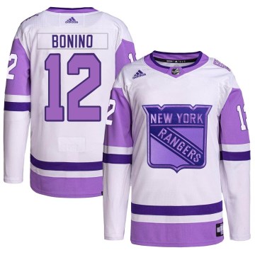 Adidas New York Rangers Youth Nick Bonino Authentic White/Purple Hockey Fights Cancer Primegreen NHL Jersey