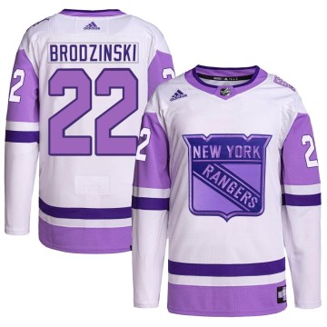 Adidas New York Rangers Youth Jonny Brodzinski Authentic White/Purple Hockey Fights Cancer Primegreen NHL Jersey