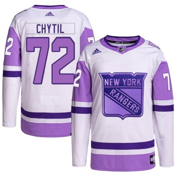 Adidas New York Rangers Youth Filip Chytil Authentic White/Purple Hockey Fights Cancer Primegreen NHL Jersey