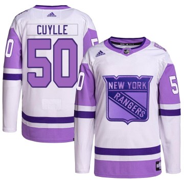 Adidas New York Rangers Youth Will Cuylle Authentic White/Purple Hockey Fights Cancer Primegreen NHL Jersey