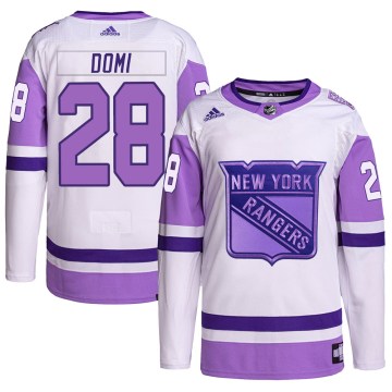Adidas New York Rangers Youth Tie Domi Authentic White/Purple Hockey Fights Cancer Primegreen NHL Jersey