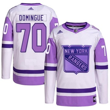 Adidas New York Rangers Youth Louis Domingue Authentic White/Purple Hockey Fights Cancer Primegreen NHL Jersey
