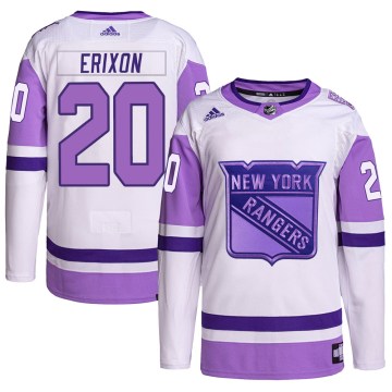 Adidas New York Rangers Youth Jan Erixon Authentic White/Purple Hockey Fights Cancer Primegreen NHL Jersey