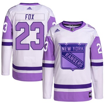 Adidas New York Rangers Youth Adam Fox Authentic White/Purple Hockey Fights Cancer Primegreen NHL Jersey