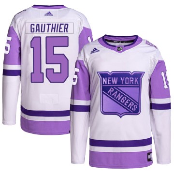 Adidas New York Rangers Youth Julien Gauthier Authentic White/Purple Hockey Fights Cancer Primegreen NHL Jersey