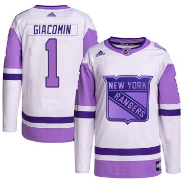Adidas New York Rangers Youth Eddie Giacomin Authentic White/Purple Hockey Fights Cancer Primegreen NHL Jersey