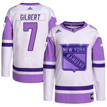 Adidas New York Rangers Youth Rod Gilbert Authentic White/Purple Hockey Fights Cancer Primegreen NHL Jersey