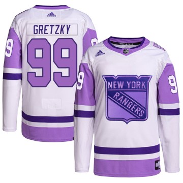 Adidas New York Rangers Youth Wayne Gretzky Authentic White/Purple Hockey Fights Cancer Primegreen NHL Jersey