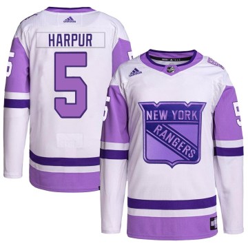 Adidas New York Rangers Youth Ben Harpur Authentic White/Purple Hockey Fights Cancer Primegreen NHL Jersey