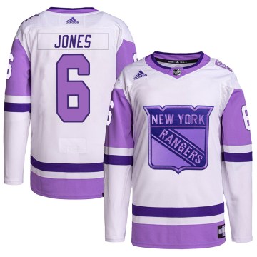 Adidas New York Rangers Youth Zac Jones Authentic White/Purple Hockey Fights Cancer Primegreen NHL Jersey