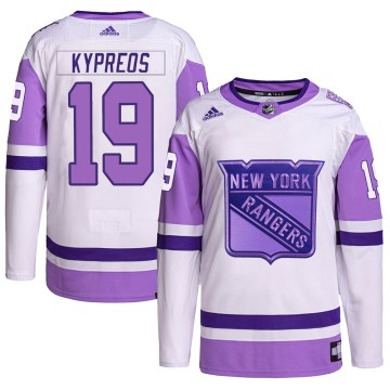Adidas New York Rangers Youth Nick Kypreos Authentic White/Purple Hockey Fights Cancer Primegreen NHL Jersey