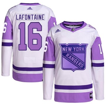 Adidas New York Rangers Youth Pat Lafontaine Authentic White/Purple Hockey Fights Cancer Primegreen NHL Jersey