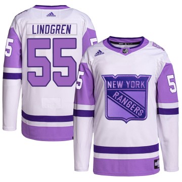 Adidas New York Rangers Youth Ryan Lindgren Authentic White/Purple Hockey Fights Cancer Primegreen NHL Jersey
