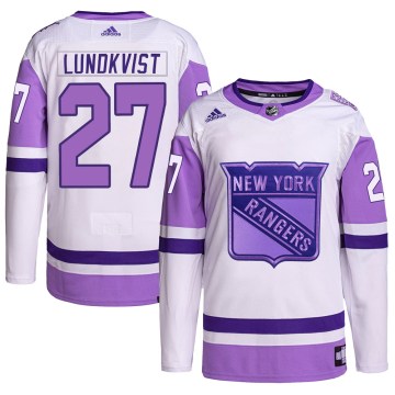 Adidas New York Rangers Youth Nils Lundkvist Authentic White/Purple Hockey Fights Cancer Primegreen NHL Jersey