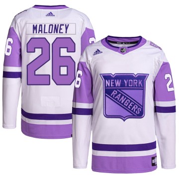 Adidas New York Rangers Youth Dave Maloney Authentic White/Purple Hockey Fights Cancer Primegreen NHL Jersey