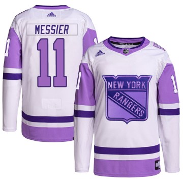 Adidas New York Rangers Youth Mark Messier Authentic White/Purple Hockey Fights Cancer Primegreen NHL Jersey