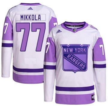 Adidas New York Rangers Youth Niko Mikkola Authentic White/Purple Hockey Fights Cancer Primegreen NHL Jersey