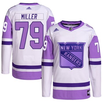 Adidas New York Rangers Youth K'Andre Miller Authentic White/Purple Hockey Fights Cancer Primegreen NHL Jersey