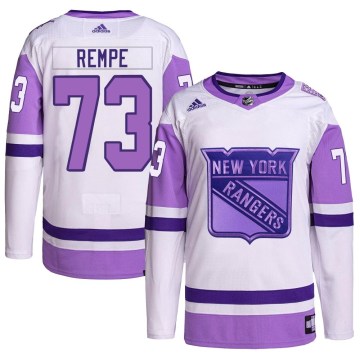 Adidas New York Rangers Youth Matt Rempe Authentic White/Purple Hockey Fights Cancer Primegreen NHL Jersey