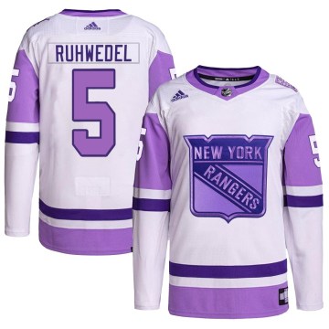 Adidas New York Rangers Youth Chad Ruhwedel Authentic White/Purple Hockey Fights Cancer Primegreen NHL Jersey