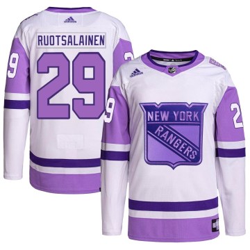 Adidas New York Rangers Youth Reijo Ruotsalainen Authentic White/Purple Hockey Fights Cancer Primegreen NHL Jersey