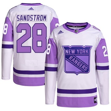 Adidas New York Rangers Youth Tomas Sandstrom Authentic White/Purple Hockey Fights Cancer Primegreen NHL Jersey
