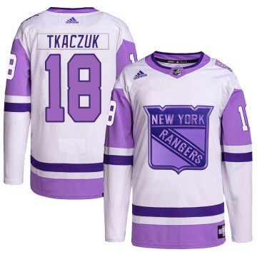 Adidas New York Rangers Youth Walt Tkaczuk Authentic White/Purple Hockey Fights Cancer Primegreen NHL Jersey
