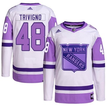Adidas New York Rangers Youth Bobby Trivigno Authentic White/Purple Hockey Fights Cancer Primegreen NHL Jersey