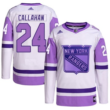 Adidas New York Rangers Men's Ryan Callahan Authentic White/Purple Hockey Fights Cancer Primegreen NHL Jersey