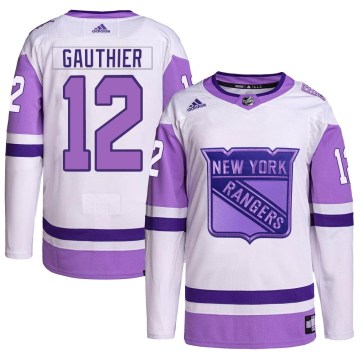 Adidas New York Rangers Men's Julien Gauthier Authentic White/Purple Hockey Fights Cancer Primegreen NHL Jersey