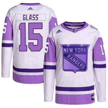 Adidas New York Rangers Men's Tanner Glass Authentic White/Purple Hockey Fights Cancer Primegreen NHL Jersey