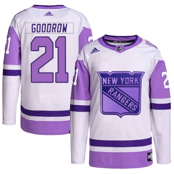 Adidas New York Rangers Men's Barclay Goodrow Authentic White/Purple Hockey Fights Cancer Primegreen NHL Jersey