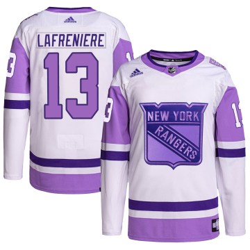 Adidas New York Rangers Men's Alexis Lafreniere Authentic White/Purple Hockey Fights Cancer Primegreen NHL Jersey