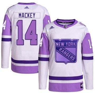 Adidas New York Rangers Men's Connor Mackey Authentic White/Purple Hockey Fights Cancer Primegreen NHL Jersey