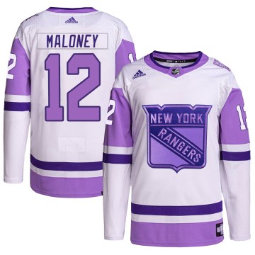 Adidas New York Rangers Men's Don Maloney Authentic White/Purple Hockey Fights Cancer Primegreen NHL Jersey