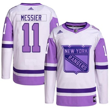 Adidas New York Rangers Men's Mark Messier Authentic White/Purple Hockey Fights Cancer Primegreen NHL Jersey