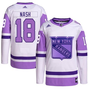 Adidas New York Rangers Men's Riley Nash Authentic White/Purple Hockey Fights Cancer Primegreen NHL Jersey