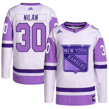 Adidas New York Rangers Men's Chris Nilan Authentic White/Purple Hockey Fights Cancer Primegreen NHL Jersey