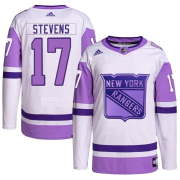 Adidas New York Rangers Men's Kevin Stevens Authentic White/Purple Hockey Fights Cancer Primegreen NHL Jersey